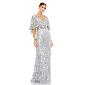 Mac Duggal Sequined V-Neck Floral Embellished Short Cape Sleeve Gown